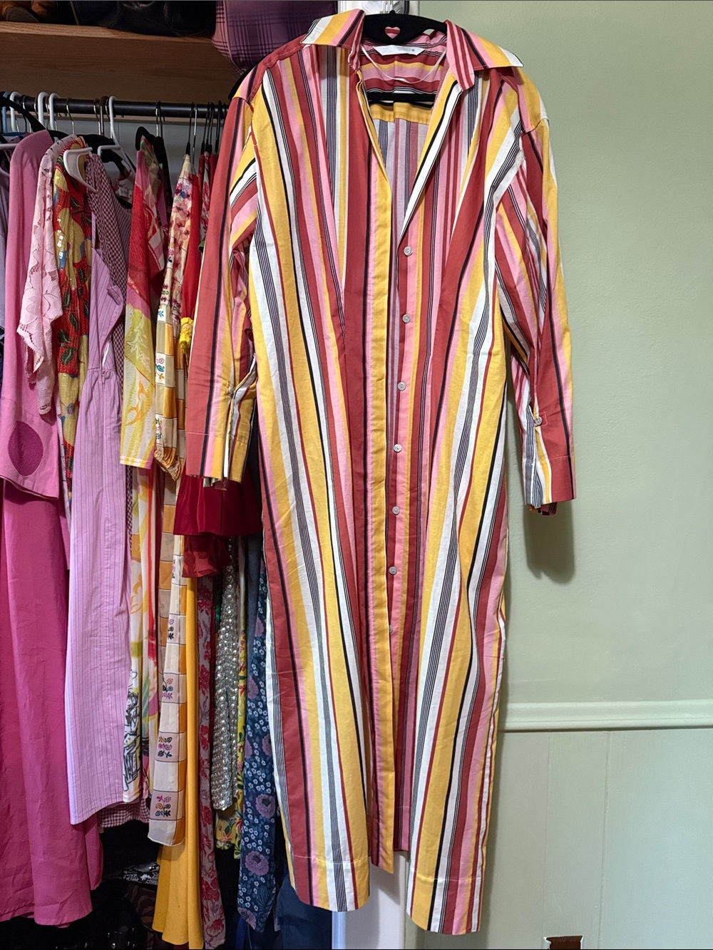 Zara Long-Sleeve Striped Shirt Dress in Pink, Yellow and Cream